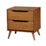 Mid Century Modern Oak Nightstand 2 Drawer Solid Wood with Round Tapered Legs