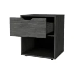 Light gray nightstand with drawer and open shelf in a modern bedroom setting