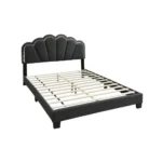 Goldoma queen upholstered bed with LED floral headboard in charcoal wool fabric