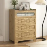 Modern 4-drawer wood dresser chest – bedroom storage organizer with woven fronts and gold handles