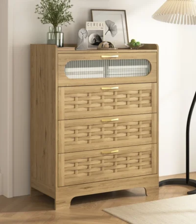 Modern 4-drawer wood dresser chest – bedroom storage organizer with woven fronts and gold handles