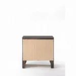 Gray oak nightstand with two drawers and pull-out tray on white background