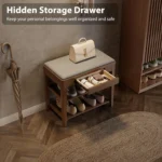 Mid-century shoe storage bench with memory foam cushion and hidden drawer in natural wood finish