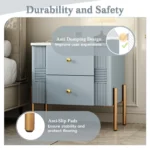 Modern fluted nightstand with 2 drawers, golden metal handles and legs, blue bedside table for bedroom