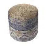 Goldoma 18" Blue Cylinder Geometric Pouf Ottoman - MDF Leather & Jute – side view