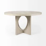 54 inch rounded dining table set with sintered stone top and natural wood pedestal base in a modern dining room setting