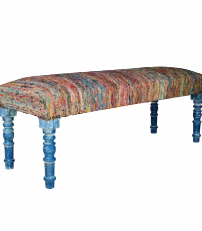 Goldoma 47-inch rainbow stripe upholstered bench with blue legs and hidden storage, perfect for entryway or bedroom