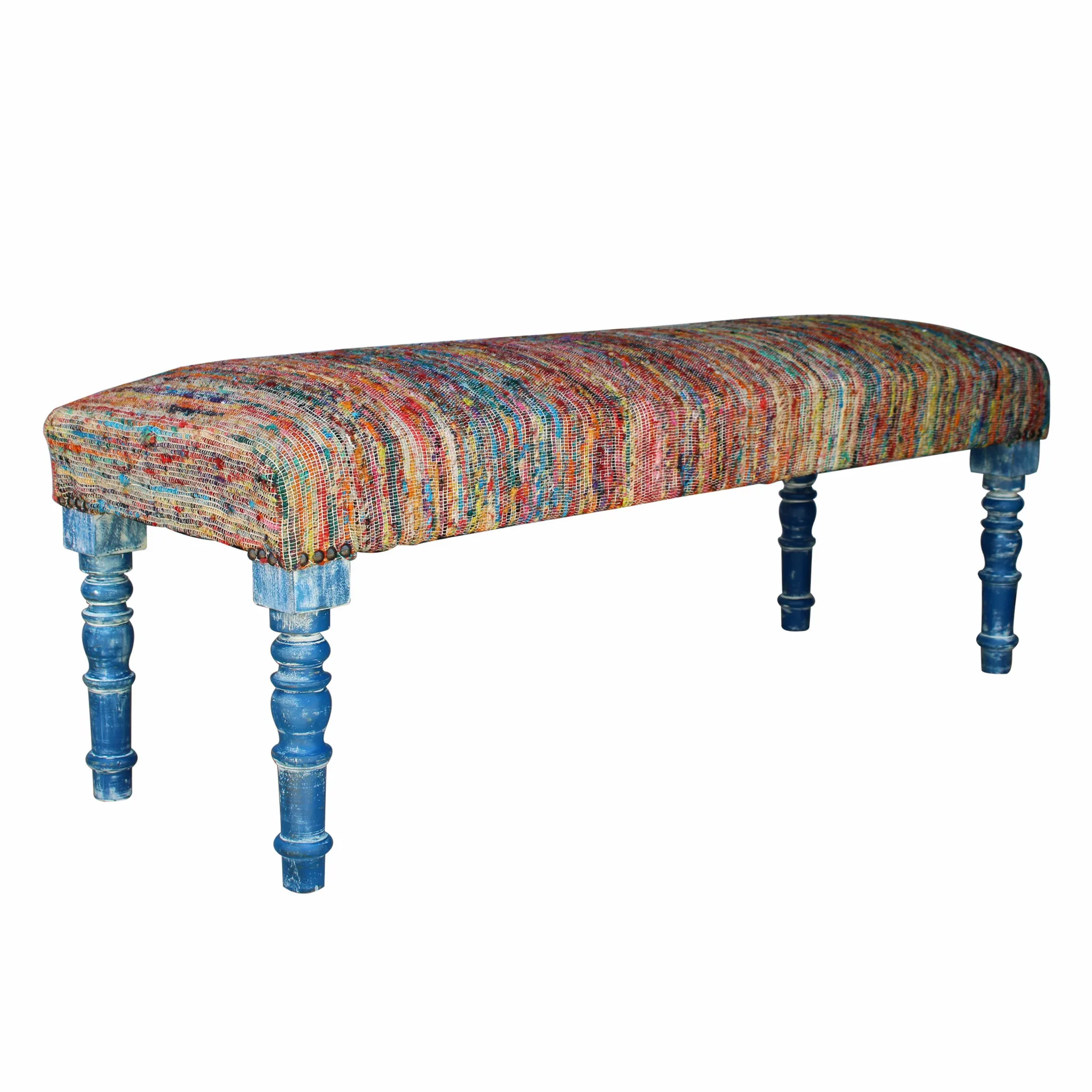 H47ae25658485420c93b603ceb778d48a4.webp Goldoma 47-inch rainbow stripe upholstered bench with blue legs and hidden storage, perfect for entryway or bedroom