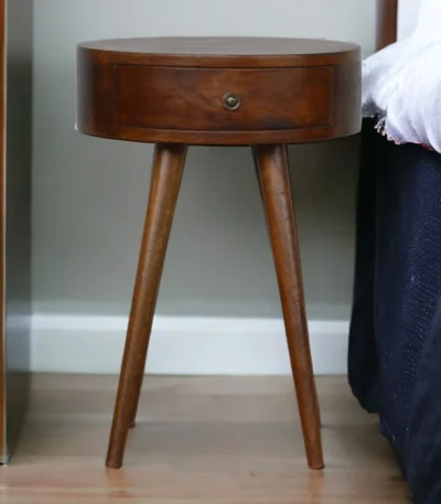 Nordic chestnut nightstand with drawer round solid wood bedside table Goldoma