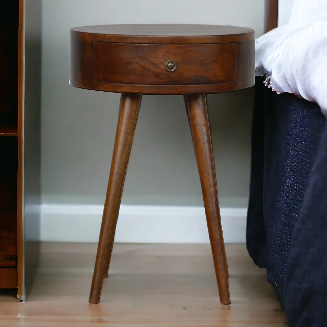 H47bf684eed034f938443a9d702aa7f26p.webp Nordic chestnut nightstand with drawer round solid wood bedside table Goldoma