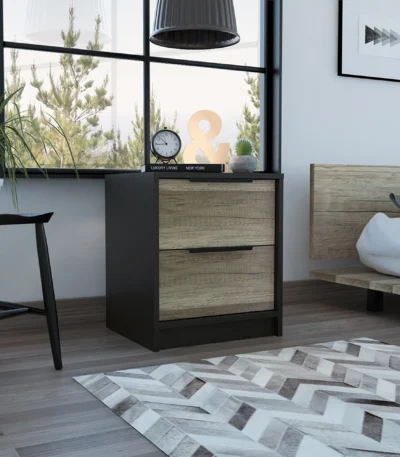 Kaia two-drawer nightstand in black pine finish with metal handles, minimalist bedroom storage furniture