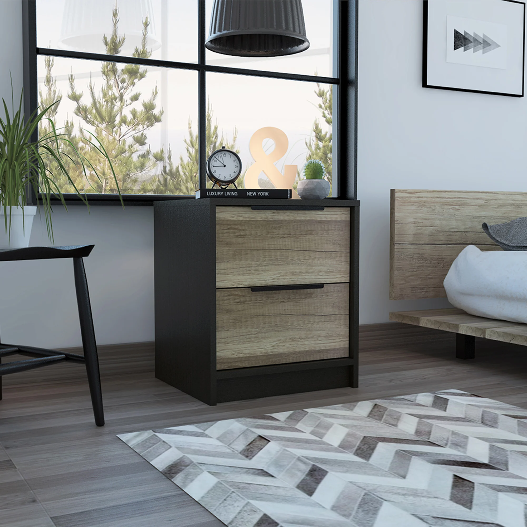 Black nightstand with drawers in a modern bedroom setting
