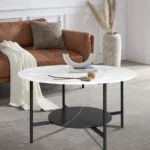 Modern sintered stone coffee table with metal legs in a living room