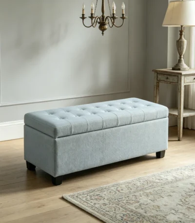Baby blue tufted storage ottoman bench with hidden storage in living room