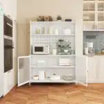 White Tall Storage Sideboard Cabinet for Kitchen Living & Dining Room with Glass Doors & Adjustable Shelves