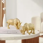 Golden Rhino Ornament with Horn - Modern Resin Home & Office Decor, Cartoon-Style Indoor Decoration for Living Room