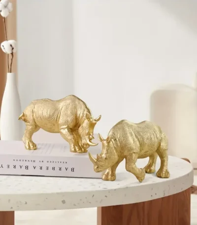 Golden Rhino Ornament with Horn - Modern Resin Home & Office Decor, Cartoon-Style Indoor Decoration for Living Room