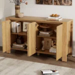 Farmhouse Oak Cabinet with Storage 4-Door Retro Wood Sideboard Distressed Finish Eco-Friendly Adjustable Shelves for Dining Room - Image 7