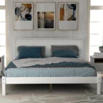 Goldoma full size platform bed frame in white with headboard, no box spring needed, solid pine wood construction