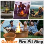 Portable camping fire pit with glowing flames in an outdoor setting