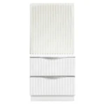 Pearl white nightstand with two drawers and upholstered fabric panel - modern bedside storage table