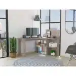 HMS 47" Light Gray L-Shaped Gaming Desk Portable and Foldable Computer Table with Shelf and Drawer for Office Use or Hotel
