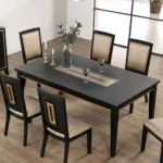 Contemporary espresso wood dining table with mirror insert in a modern dining room setting.