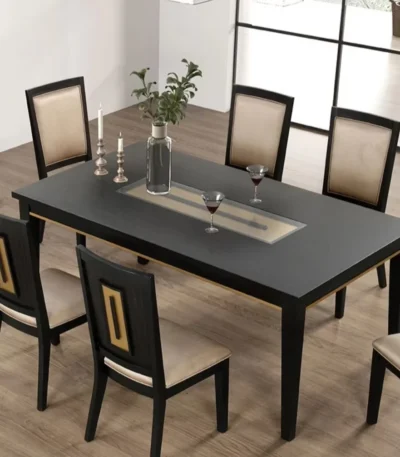 Contemporary espresso wood dining table with mirror insert in a modern dining room setting.