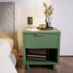 Sage Green Nightstand with Drawer and Open Shelf – Modern Under-Bed Storage – side view