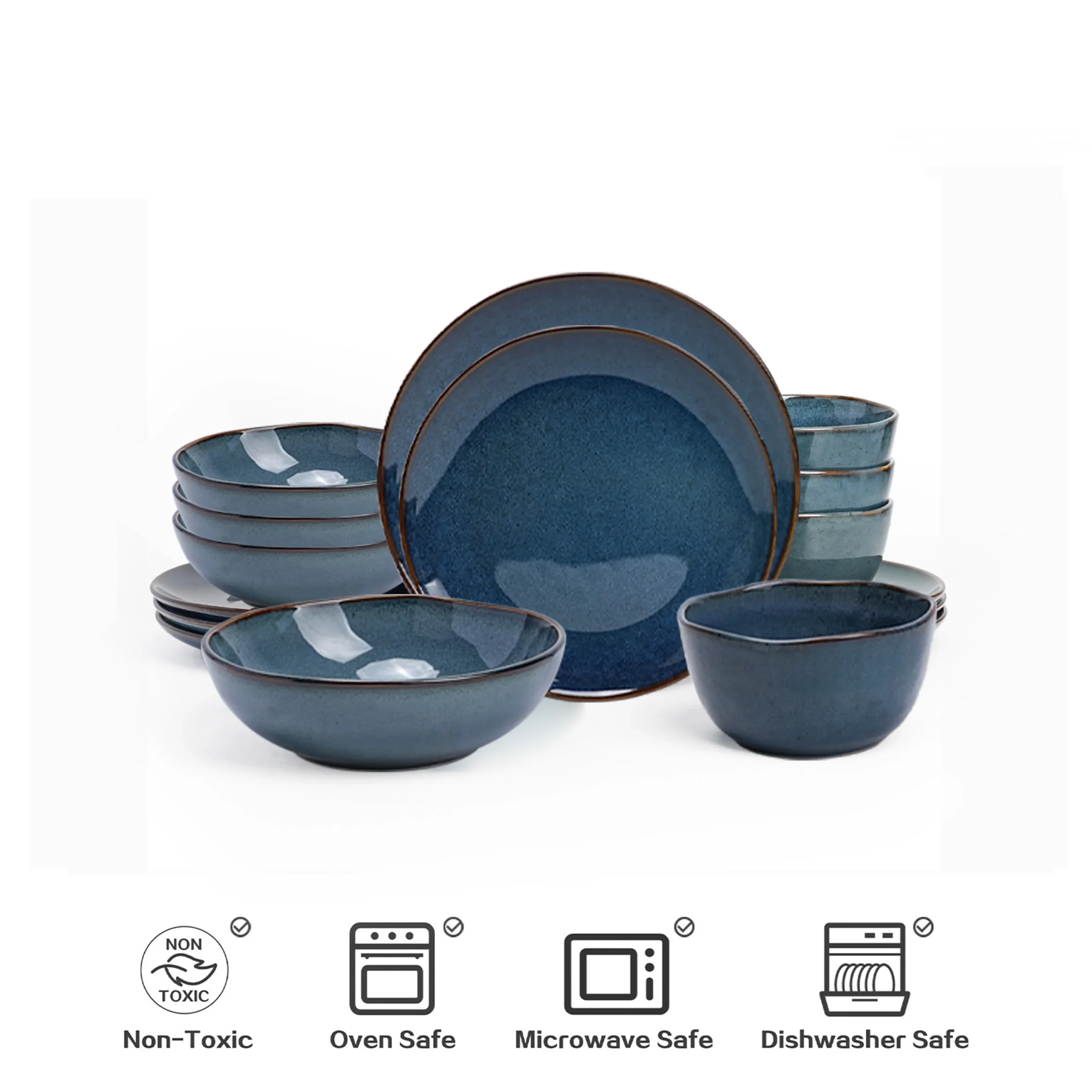 Set of six organic stoneware dinner plates with irregular edges and reactive glaze on a wooden table