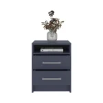 Kronos Blue nightstand with two drawers and open shelf in a modern bedroom setting.