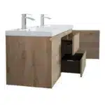 Floating vanity by Goldoma in Andean oak texture, white countertop, open shelf, angled view with mirror above.