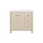 The vanity cabinet from a side angle, showing its freestanding design and the soft-close drawer fronts.
