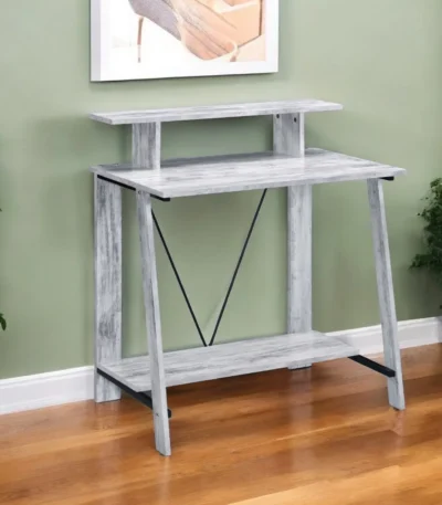 HMS 32" Antiqued White Writing Desk Simple Design Computer Table with Adjustable Wood and Leather for Hotel or Living Room