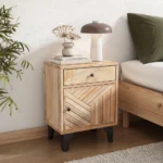 Solid wood nightstand with drawer and door in natural finish, Scandinavian style for bedroom storage