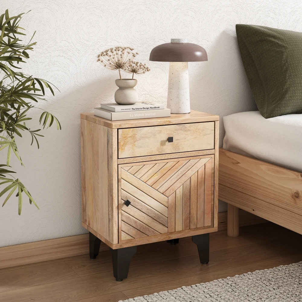H49ae31532b6345b887ba277b3e9d28ccA.webp Solid wood nightstand with drawer and door in natural finish, Scandinavian style for bedroom storage