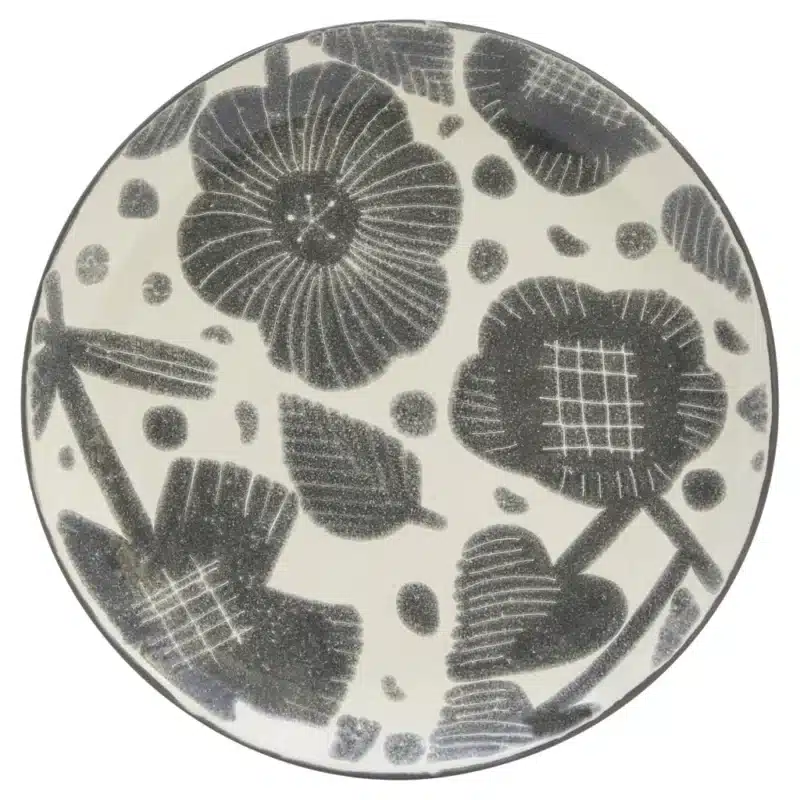HMS Luxury Round Floral Ceramic Dinnerware Set Sixteen Piece Stoneware Service for Four-Gray and Ivory – styled in a modern