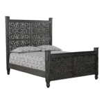 Goldoma Black Carved Floral Distressed Solid Wood Queen Bed Frame - elegant carved wood bed frame with intricate floral motifs and vintage black finish