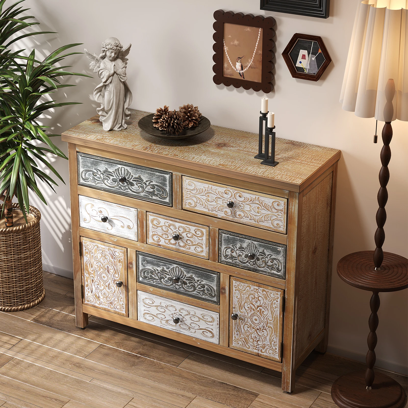 Vintage Wooden Accent Chest 7 Drawers 2 Cabinets - Rustic Multicolor Carved Storage Dresser