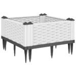 White polypropylene garden planter set of modular flower pots arranged on a wooden deck.