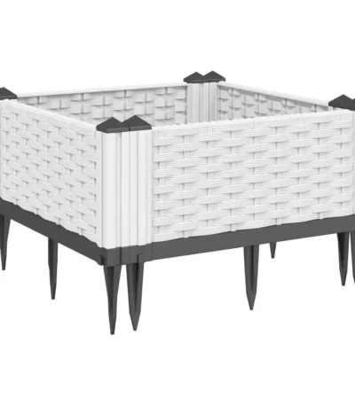 White polypropylene garden planter set of modular flower pots arranged on a wooden deck.