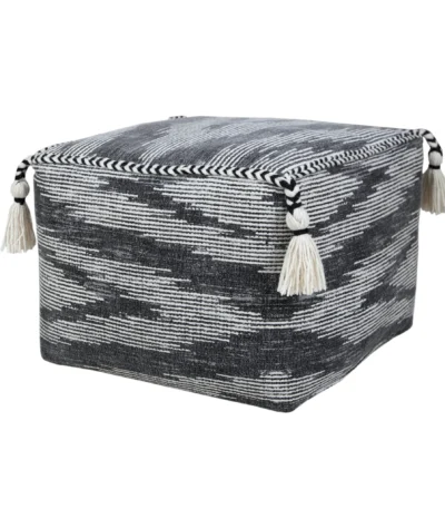 Goldoma 18-inch gray cotton striped pouf ottoman with modern tufted design in living room
