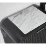 Black and white nightstand with cooler and Bluetooth speaker featuring modern design, blue LED lighting, and grooved front panel