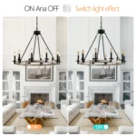 The chandelier suspended in a living room, casting warm light on a wooden dining set below