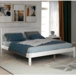 Goldoma full size platform bed frame in white with headboard, no box spring needed, solid pine wood construction
