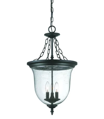 HMS Belle 3-light modern hanging light in matte black, with warm white bulbs, shown against a neutral wall.
