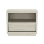 Whitewashed oak nightstand with open shelf and drawer in a modern bedroom setting