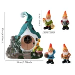 Garden gnome statue with solar light illuminating from roof, set against a wooden fence background.