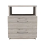 Light gray nightstand with two drawers and open shelf, minimalist bedroom storage furniture by Olienza at Goldoma