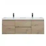 Goldoma OEM ODM floating vanity in Andean oak, white countertop, three drawers open, bathroom setting with decor.